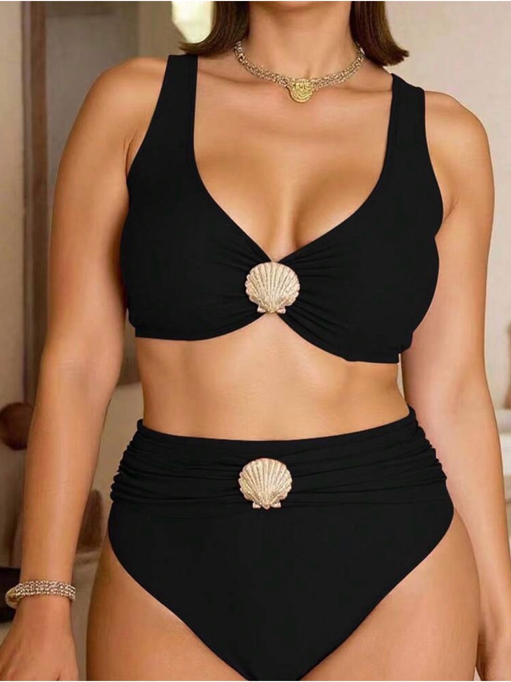 SHEIN Black High Waisted Ruched Bikini Set with Gold Seashell Clip On Accent 1X